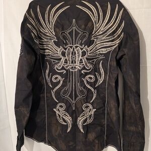 Roar Buckle Black and Tan Mineral Washed Embroidered Shirt, Y2K, Sz XL